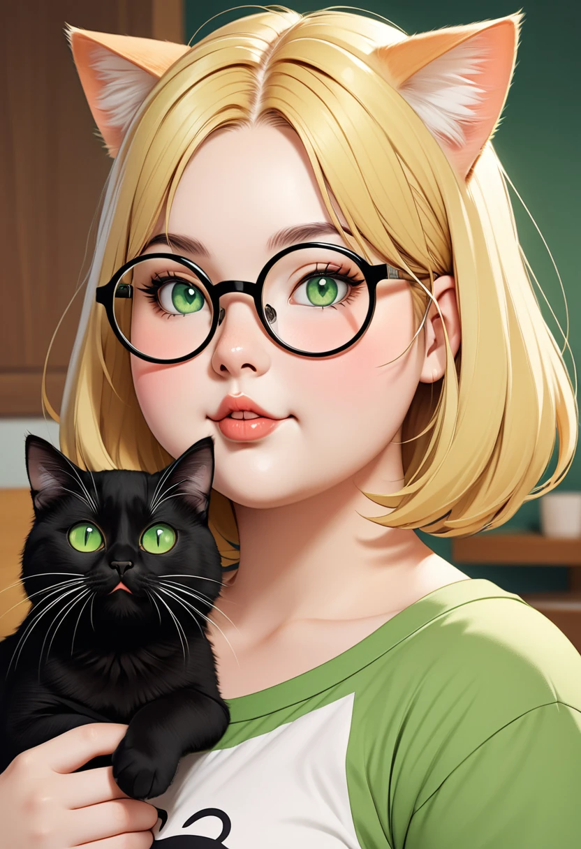 chubby girl, Blonde with green eyes, medium length hair, open forehead, round facial features, glasses with black square frames
Китайский стиль одежды
Кошачьи уши, cat tail