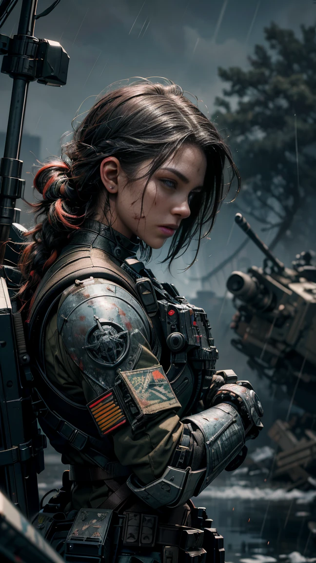 Postapocalyptic combat scene with a Beautiful hyperrealistic photograph of cute Young Swedish woman with Runic tattoos, ((dirty face Blood splattered)), (((wearing full heavy mecha armor, combat harness, Neon highlights))) Short Red Dreadlocks, combat pose, (((Holding on to the side of a combat Sci-Fi Combat helicopter))), exterior of Destroyed building, Fires, Smoke, debris, Camo netting, Ammo Boxes, Rain, Stormy, Wet, abstract beauty, near perfection, pure form, intricate detail, 8k post-production, High resolution, super Detail, trending on ArtStation, sharp focus, studio photos, intricate detail, Very detailed, By Greg Rutkowski