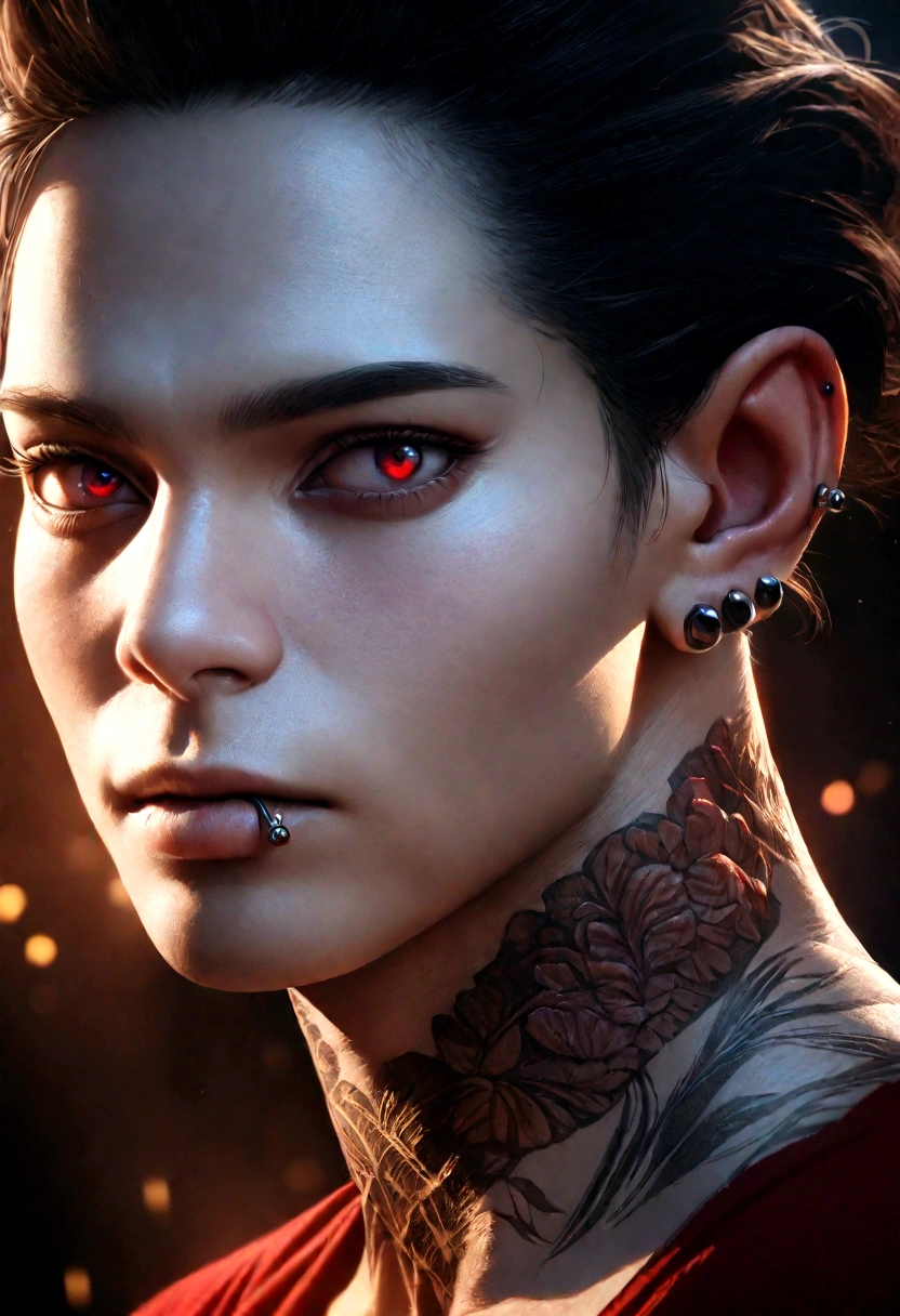A boy with white skin tone, black hair with a little red, tattooed neck, piercings in mouth and ears, attractive red eyes, boku no hero academia anime style, intricate details, hyper realistic, 8k, cinematic lighting, vibrant colors, sharp focus, photorealistic, masterpiece, highly detailed, digital art