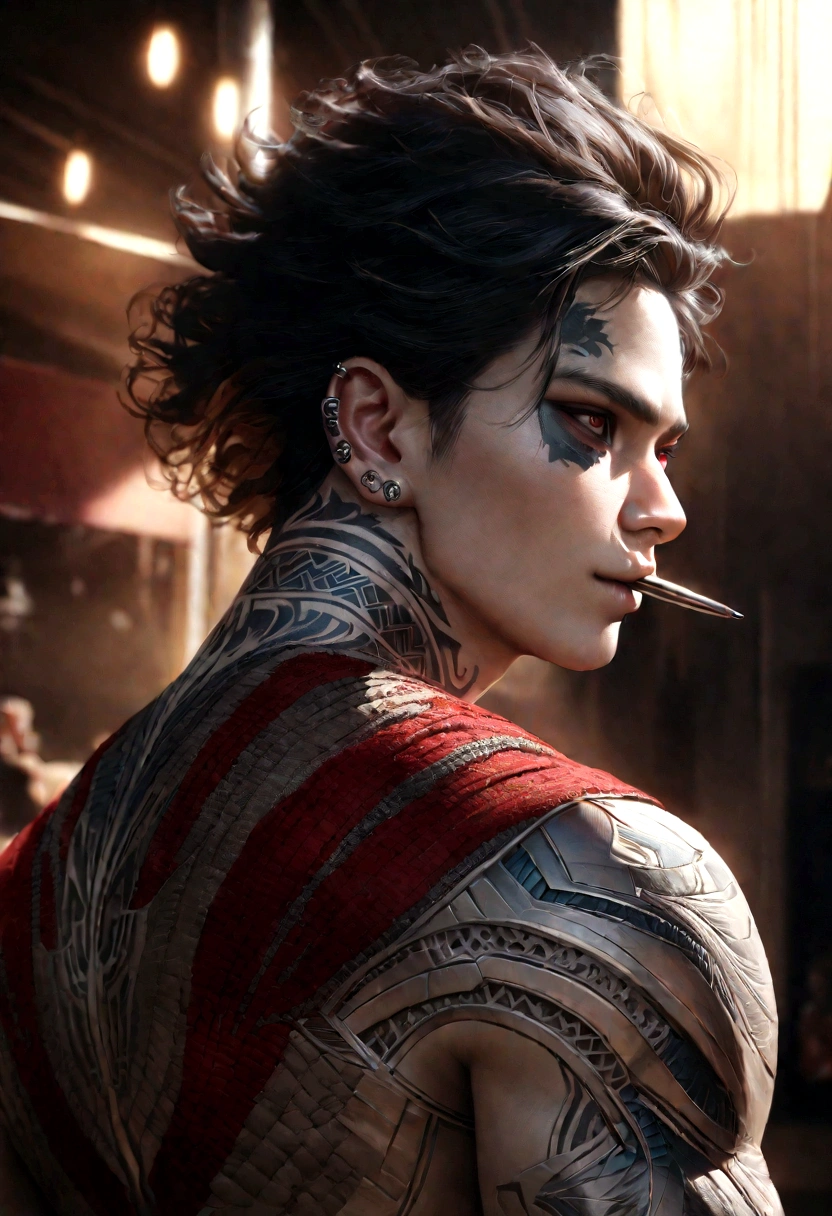 A boy with white skin tone, black hair with a little red, tattooed neck, piercings in mouth and ears, attractive red eyes, boku no hero academia anime style, intricate details, hyper realistic, 8k, cinematic lighting, vibrant colors, sharp focus, photorealistic, masterpiece, highly detailed, digital art