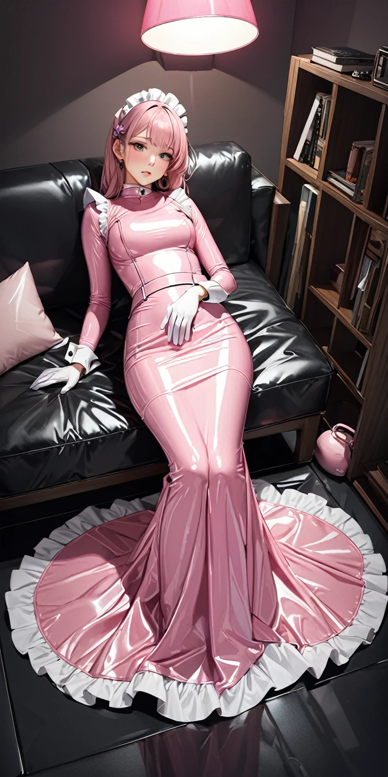 (masterpiece,Highest quality,超A high resolution),Japanese women, (((Very beautiful 25 year old girl))),(Light pink latex maid outfit)、(Light pink latex long skirt)、(Light pink latex long sleeve shirt)、light pink latex long gloves、Light pink latex socks、The clothes fit snugly to the body、Latex is very shiny、Dark Room