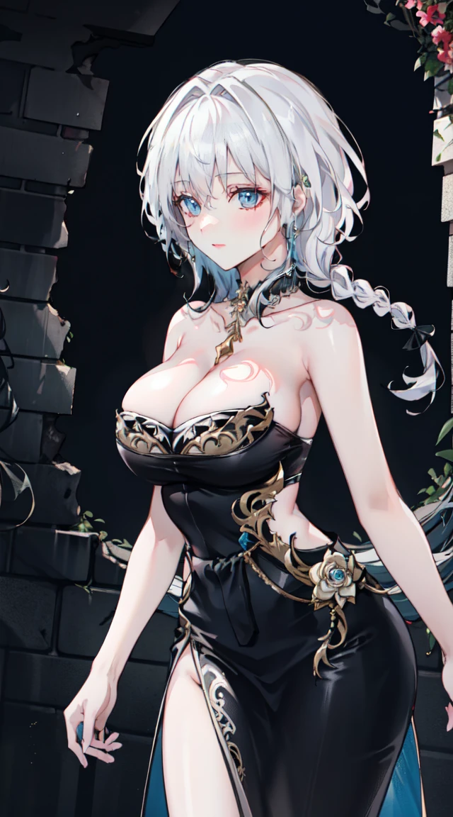 "4K, A dark ruin with no light., There was a mature and elegant woman., white hair, half braided hair, black eyes, Big breasted, wearing a white strapless Thai dress that doesn't include a strap., She looks cool, She has a seductive smile.."