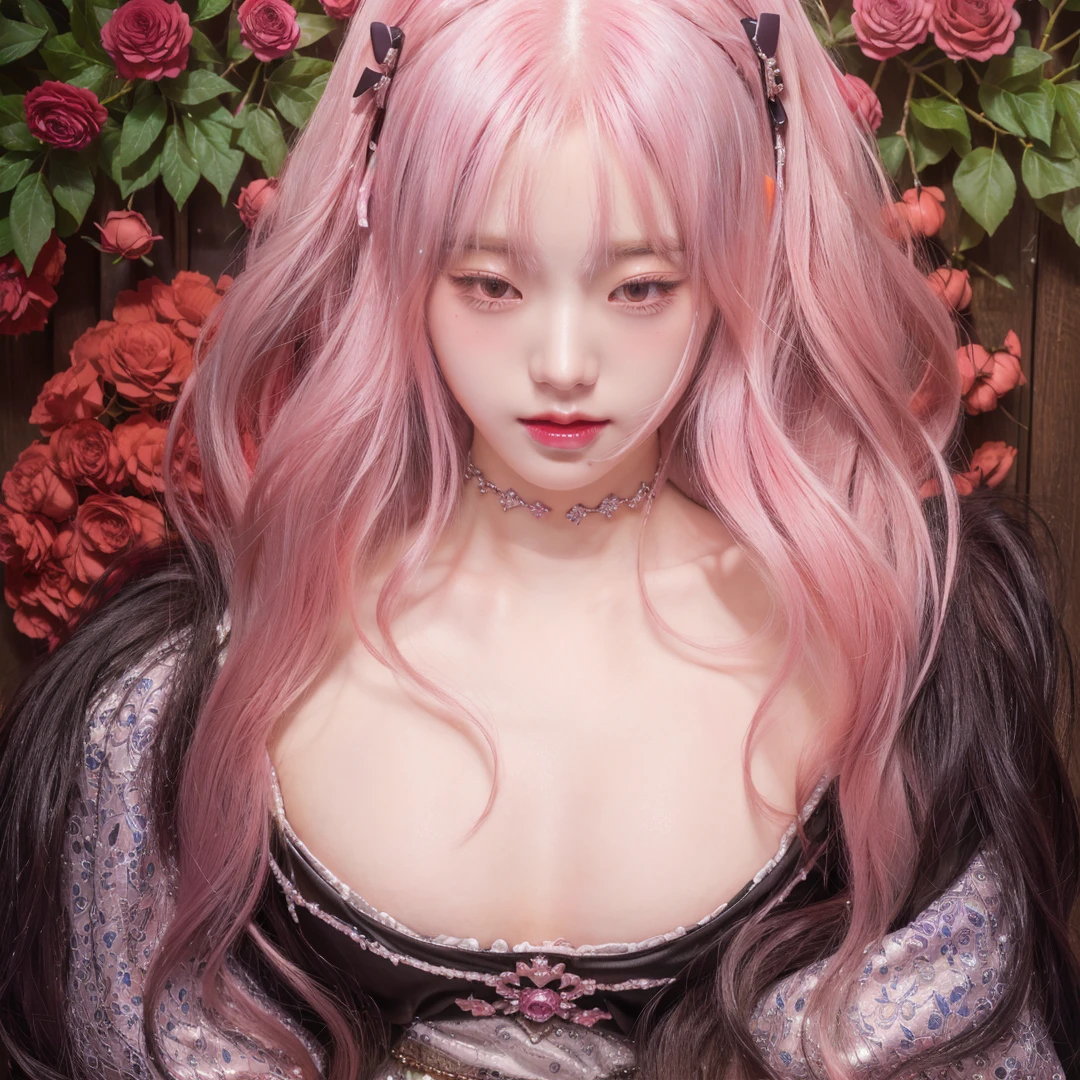 Chica anime con pelo largo y vestido rosa delante de rosas., in bowater art style, carmilla vampire, fanart exquisito muy detallado, Ross dibuja 1. 0, art cover illustration, Yandere intrincado, rossdraws sakimimichan, alphonse mucha y rossdraws, Arte detallado de alta calidad 8k, fanart de alta calidad, ((a beautiful fantasy empress))