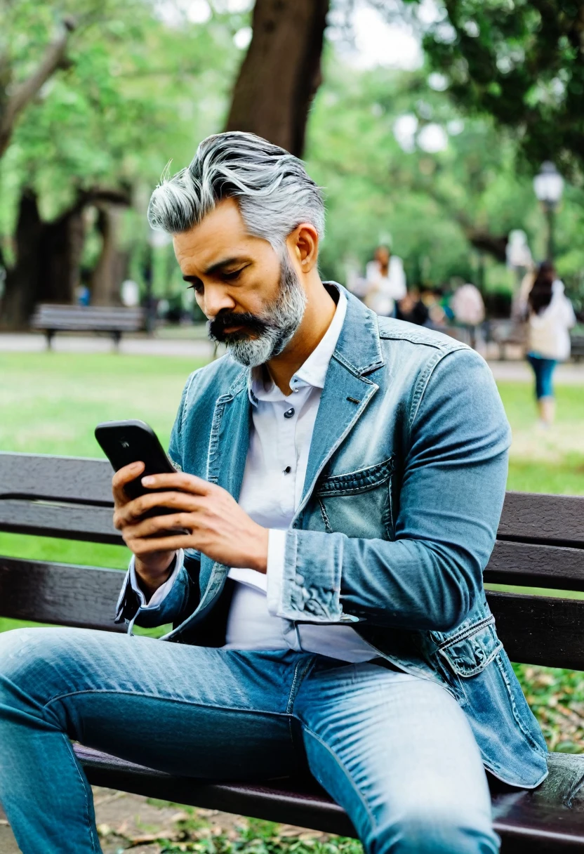 A semi-realistic image of a man in his mid-40s with gray hair and a short gray beard sitting on a bench. He is wearing jeans and a blazer, with his hands resting on his knees, holding a phone and looking at it. Next to him on the bench is a woman in her early 40s, depicted like a ghost with more defined contours but slightly transparent, wearing a long dress and holding a phone, also looking at it. Both individuals are looking at their phones. The scene is set in a park. The woman appears slightly transparent like a ghost.