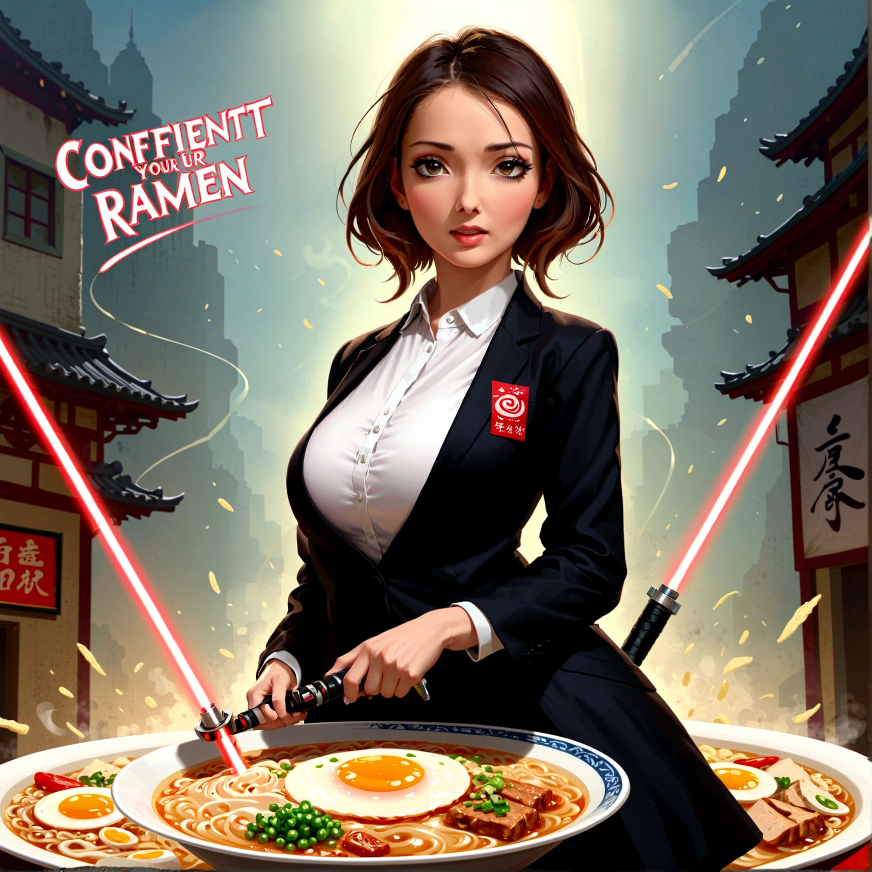 A lovely woman, business attire, confident stance, wielding a laser sword ramen advertisement 'obliterate your hunger'
