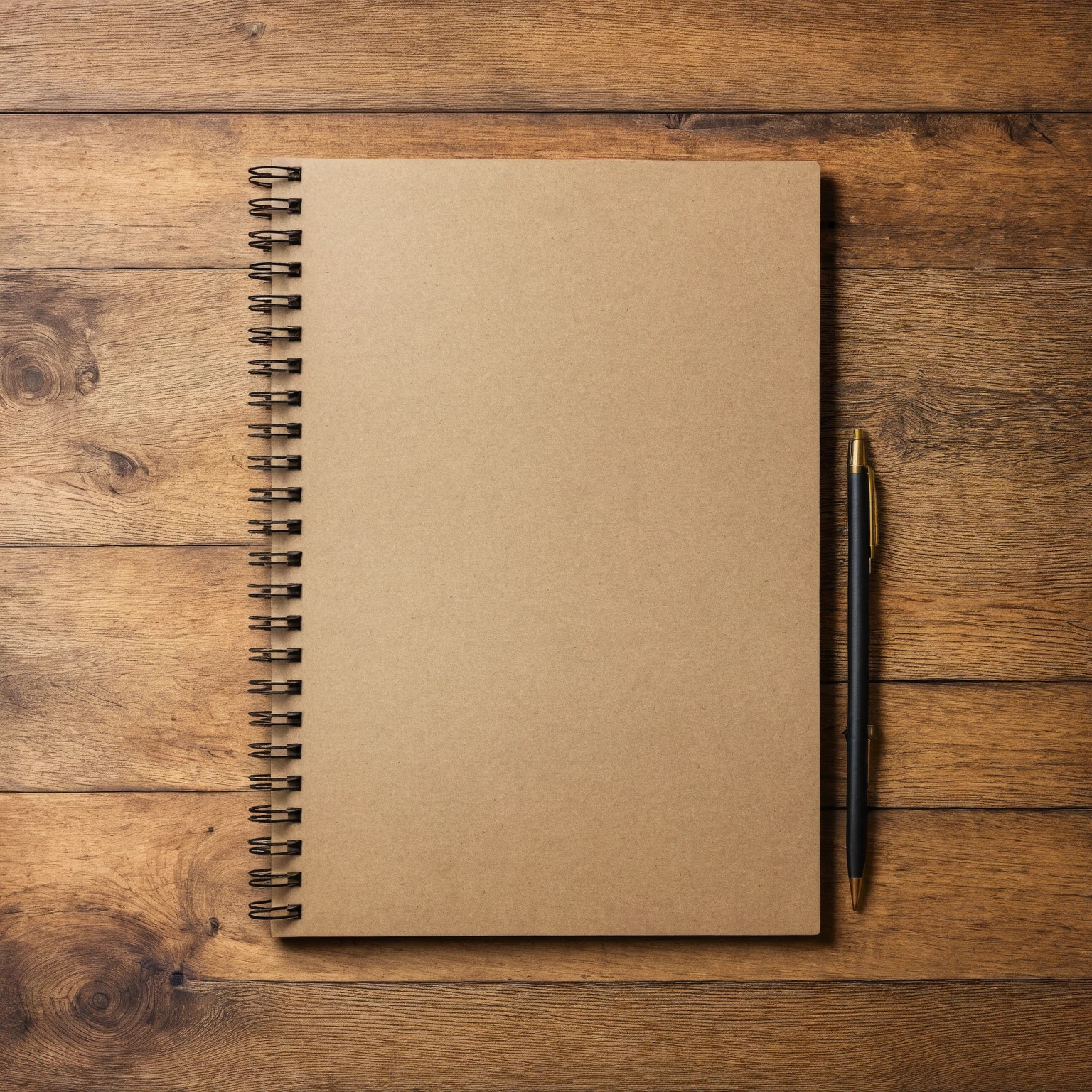 Mockup empty, a blank empty spiral notebook lying on a vintage wooden desk, top view