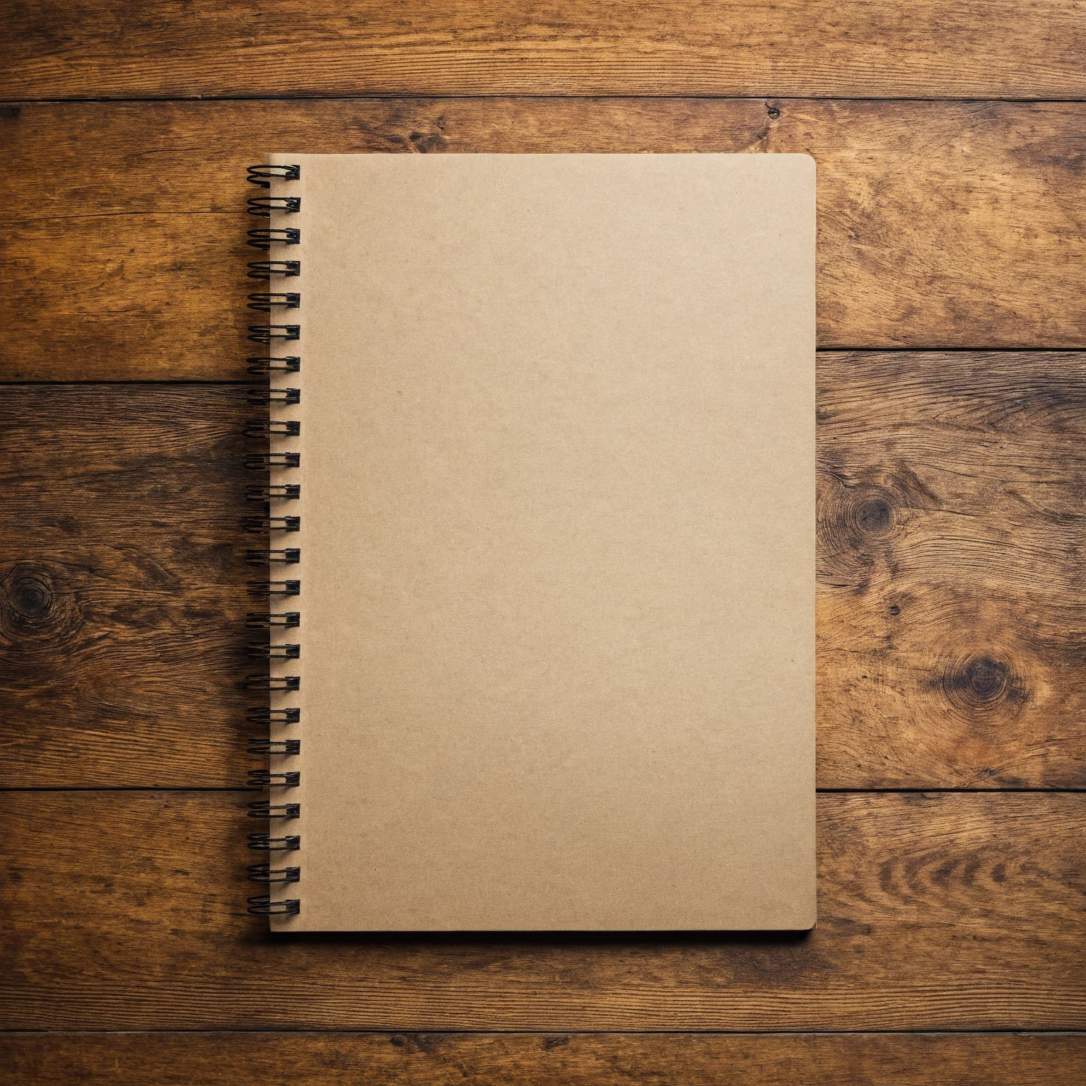 Mockup empty, a blank empty spiral notebook lying on a vintage wooden desk, top view