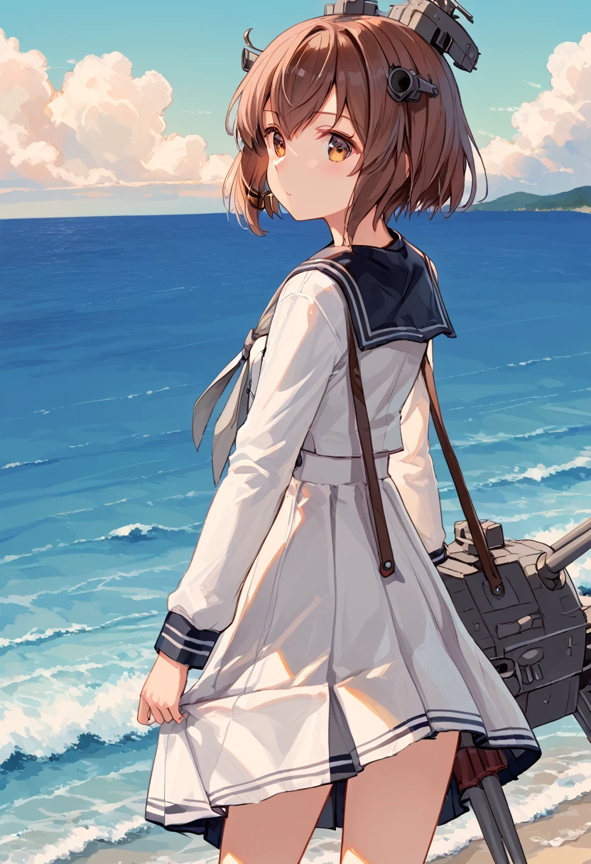 score_9,score_8_up,score_7_up,source_anime,cowboy shot,masterpiece,best quality,details background,extremely detailed,1girl,1girl,yukikaze (kancolle), brown hair, brown eyes,small breasts,short hair, sailor dress,dress,sailor collar,long sleeves,neckerchief,grey neckerchief,white dress,black sailor collar,day break,look back,sea,one peace