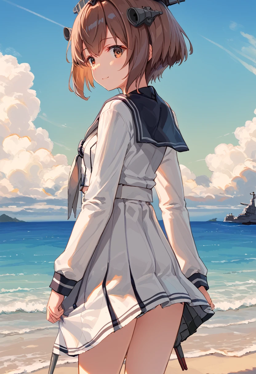 score_9,score_8_up,score_7_up,source_anime,cowboy shot,masterpiece,best quality,details background,extremely detailed,1girl,1girl,yukikaze (kancolle), brown hair, brown eyes,small breasts,short hair, sailor dress,dress,sailor collar,long sleeves,neckerchief,grey neckerchief,white dress,black sailor collar,day break,look back,sea,one peace