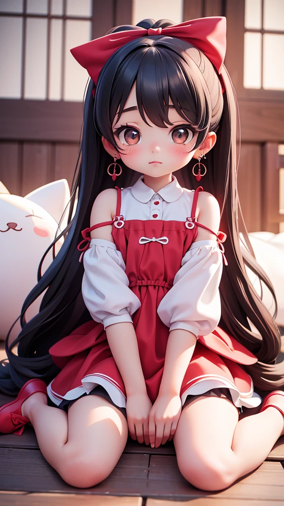 ((strap slip)), ((kawaii loli face)), ((petite, loli bishojo)), ((puffy eyes)), (((2 girls))), ((girl sitting)), (((yuri))), (masterpiece), (top quality), (hyper detailed), ((super detailed skin)), (8k), (crisp), (depth), (exquisite), (beautiful and aesthetic), (high standard), (high resolution), (perfect anatomy), (perfect proportion), (full body), (red cheek), (hair in big bow), (earring), (red rouge)