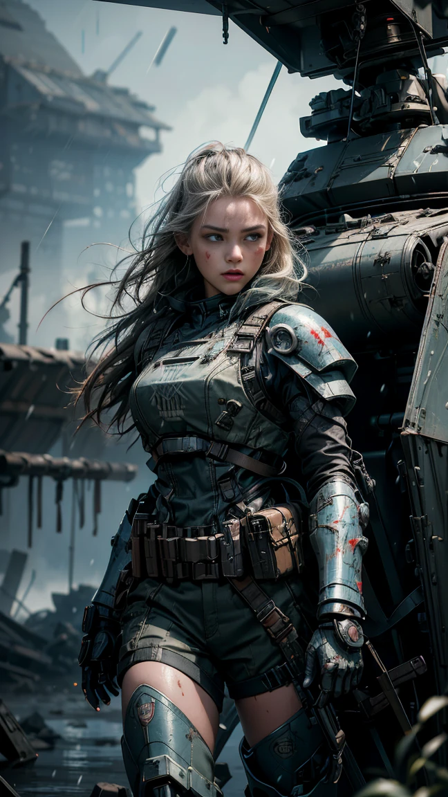 Postapocalyptic combat scene with a Beautiful hyperrealistic photograph of cute Young Swedish woman with Runic tattoos, ((dirty face Blood splattered)), (((wearing full heavy mecha armor, combat harness, Neon highlights))) Short Red Dreadlocks, combat pose, (((Holding on to the side of a combat Sci-Fi Combat helicopter))), exterior of Destroyed building, Fires, Smoke, debris, Camo netting, Ammo Boxes, Rain, Stormy, Wet, abstract beauty, near perfection, pure form, intricate detail, 8k post-production, High resolution, super Detail, trending on ArtStation, sharp focus, studio photos, intricate detail, Very detailed, By Greg Rutkowski