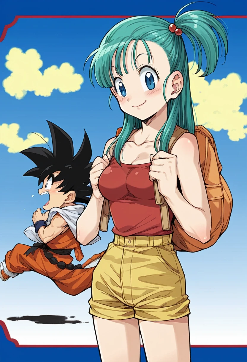 um desenho de uma mulher com cabelo verde e uma mochila, bulma from Dragon sphere, garota saiyajin, Dragon sphere style, by Akira Toriyama, Dragon sphere artstyle, female Goku, Dragon sphere, Estilo Akira Toriyama, Dragon sphere z style, character Dragon sphere, Dragon sphere, inspirado em Akira Toriyama, 90's anime