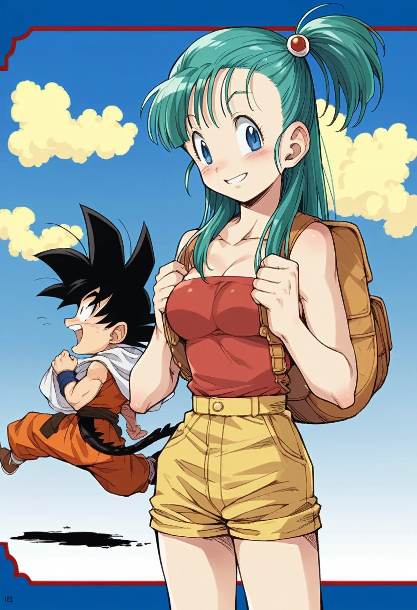 um desenho de uma mulher com cabelo verde e uma mochila, bulma from Dragon sphere, garota saiyajin, Dragon sphere style, by Akira Toriyama, Dragon sphere artstyle, female Goku, Dragon sphere, Estilo Akira Toriyama, Dragon sphere z style, character Dragon sphere, Dragon sphere, inspirado em Akira Toriyama, 90's anime