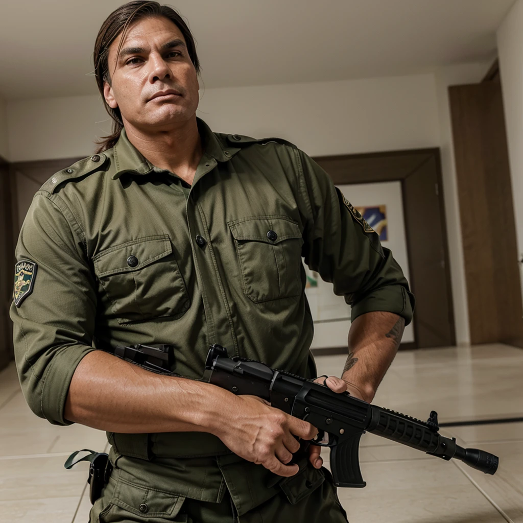 Jair Bolsonaro with a serious face while holding a rifle