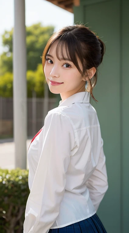 masutepiece, Best Quality, Illustration, Ultra-detailed, finely detail, hight resolution, 8K Wallpaper, Perfect dynamic composition, Beautiful detailed eyes, (japanese school uniform), Ponytail Hair,Small breasts natural color lip, Bold sexy poses,Smile, full body shot、20 years girl、Cute、Sexy shot looking back at camera, beautiful ass, standing and looking back
