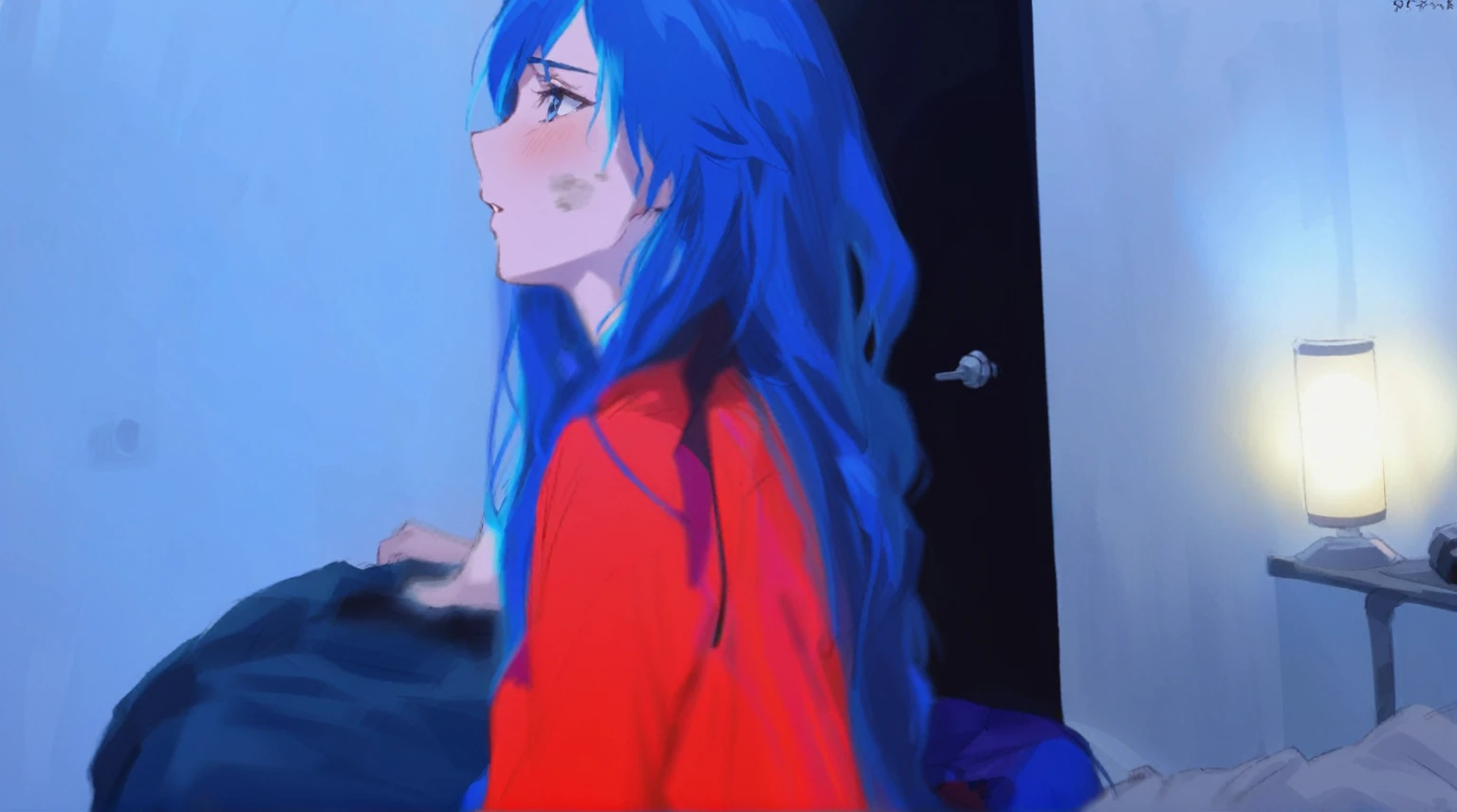 {{{sincos (sincos)}}}, Arafed woman with blue hair and red shirt sits on the bed, very long blue hair, long azure blue hair, very long wavy azure blue hair, beautiful Asuka from Evangelion, flowing blue hair, long blue hair, long flowing blue hair, blue long hair, Dirty blue hair, Asuka from Evangelion, blue and red tones