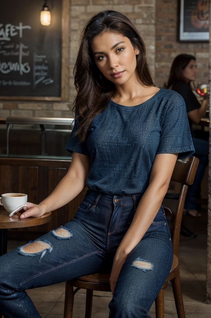 photorealistic, best quality, (hyper detailed: 1.4), (((sitting in the cafe:1.3))), long distance shot, ((great body:1.5)), photosession, brown eyes, black hair, Detailed eyes, ((wearing blue jeans and brown t-shirt:1.5)). beautiful 40 age woman, (Highly detailed face:1.4), exuding a natural glow, soft lightning, evening time, cafe view, jaw-dropping beauty, sexy, seductive, vivid colors