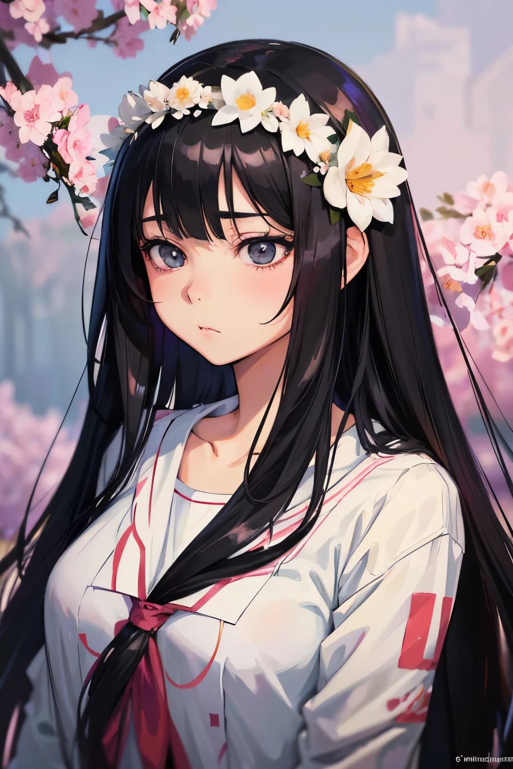 Anime girl with long black hair wearing a white shirt and a flower crown, Beautiful anime portraits, Stunning Anime Face Portraits, Beautiful Anime Girls, Cute realistic portrait, Detailed portrait of an anime girl, Anime Girl Portrait, Realistic Anime 3D Style, realistic Young Anime Girl, Realistic anime art style, Young Anime Girl, Anime realism style, Realistic anime art style