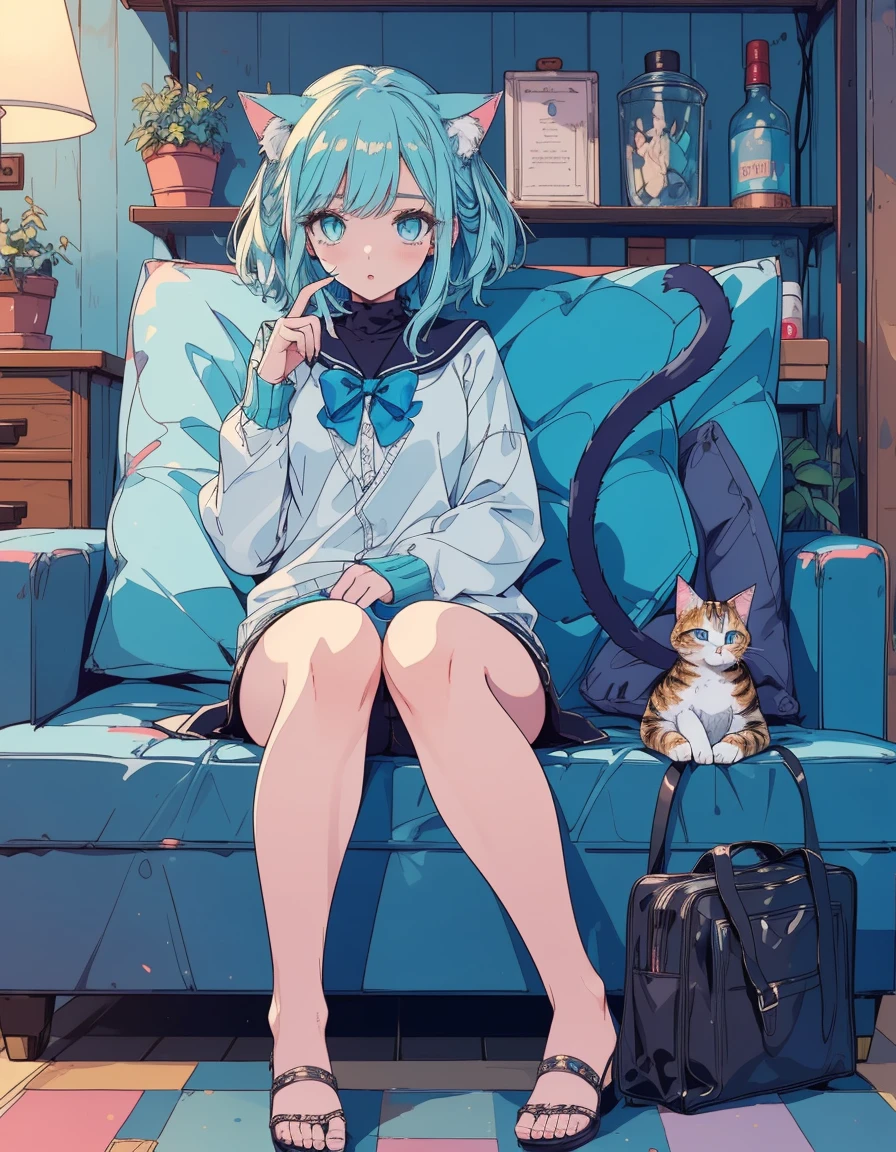 shirts, denim punts, fullbody, ((masterpiece, best quality:1.5)), ((Beautiful detailed cat aqua eyes:1.2)), cat ears, pale skin, small breasts, beautiful hands, beautiful fingers, EasyNegative