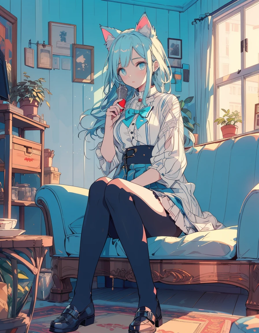 shirts, denim punts, fullbody, ((masterpiece, best quality:1.5)), ((Beautiful detailed cat aqua eyes:1.2)), cat ears, pale skin, small breasts, beautiful hands, beautiful fingers, EasyNegative