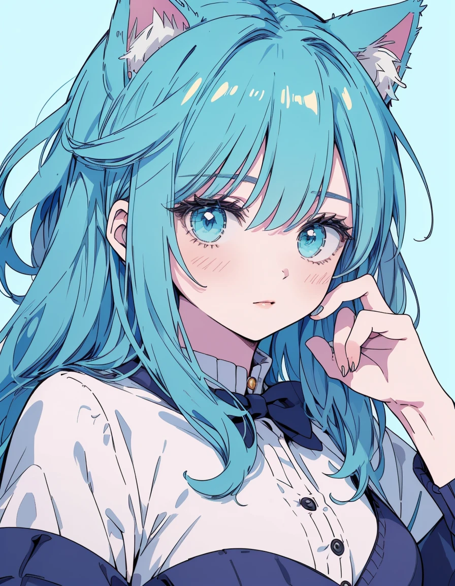 shirts, denim punts, fullbody, ((masterpiece, best quality:1.5)), ((Beautiful detailed cat aqua eyes:1.2)), cat ears, pale skin, small breasts, beautiful hands, beautiful fingers, EasyNegative