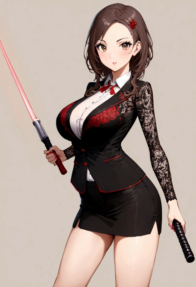 A lovely woman, business attire, confident stance, wielding a laser sword ramen advertisement 'obliterate your hunger'
