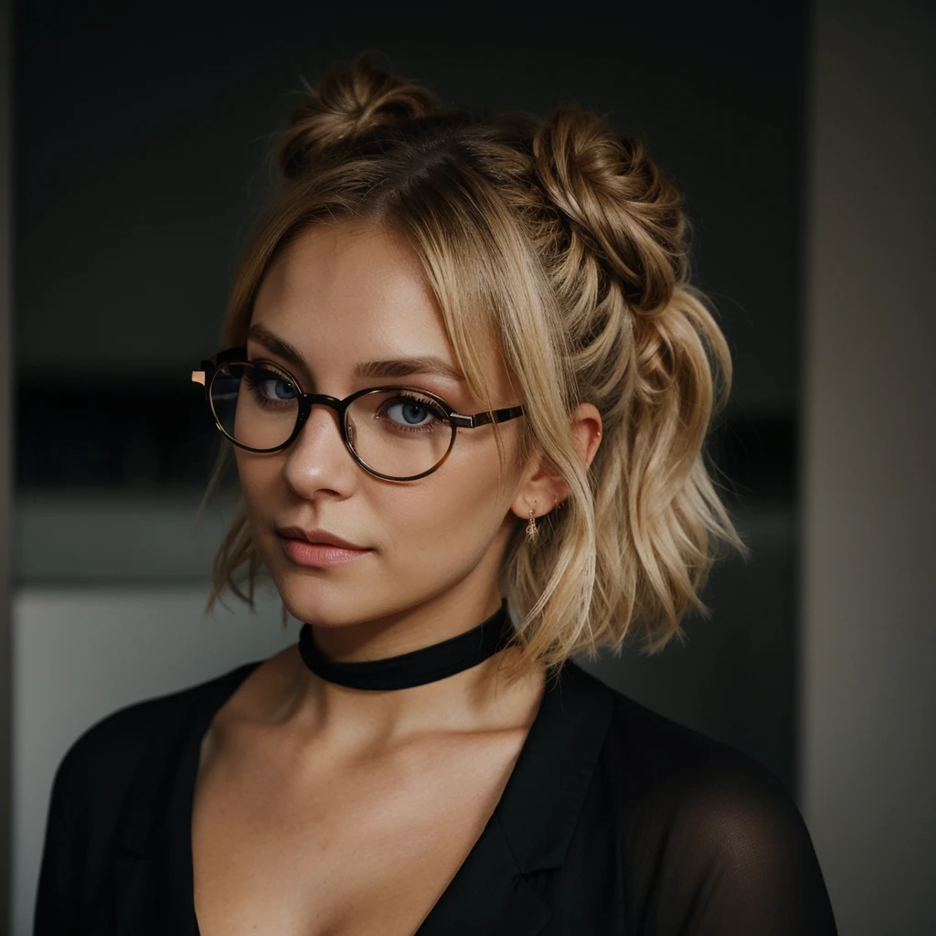 an eye contact of a blond with bun hair and dark theme and big glasses