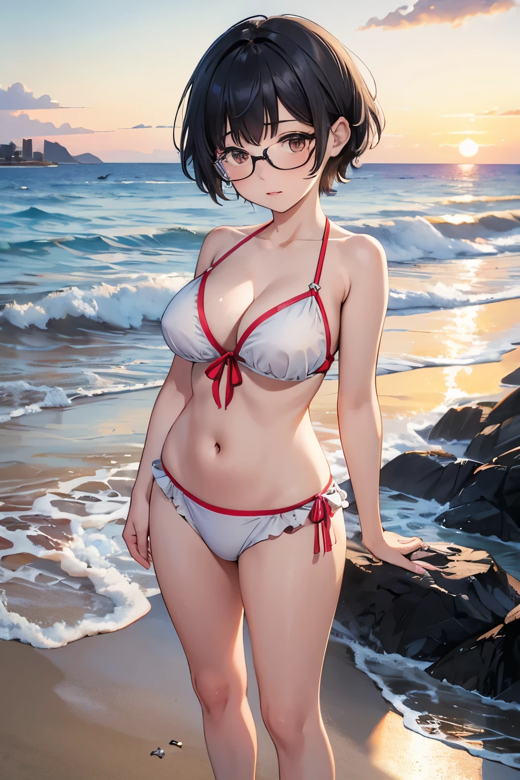 masterpiece, Highest quality, Super detailed, figure,, Hanekawa Short Hair, One girl, whole body, , Iris, Multicolored Hair, Black Hair, Gray Hair,, Swimwear,, Detailed Background, mksts style, Beach, sunset,