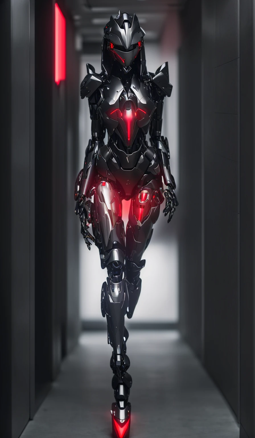 a woman in a futuristic suit standing in a hallway, cyber suit, girl in mecha cyber armor, cyber japan armor, gynoid cyborg body, cybersuits, cybersuit, high-tech red armor, cyber style armor, perfect anime cyborg woman, anime cyborg, clothed in cyber armour, gynoid body, cyber fight armor, cyber armor