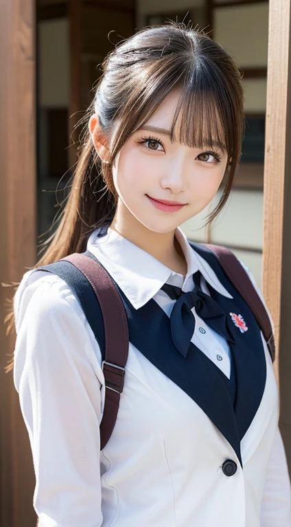 masutepiece, Best Quality, Illustration, Ultra-detailed, finely detail, hight resolution, 8K Wallpaper, Perfect dynamic composition, Beautiful detailed eyes, (japanese school uniform),Ponytail Hair,Small breasts, natural color lip, Bold sexy poses,Smile, full body shot、20 years girl、Cute、Sexy shot looking at camera