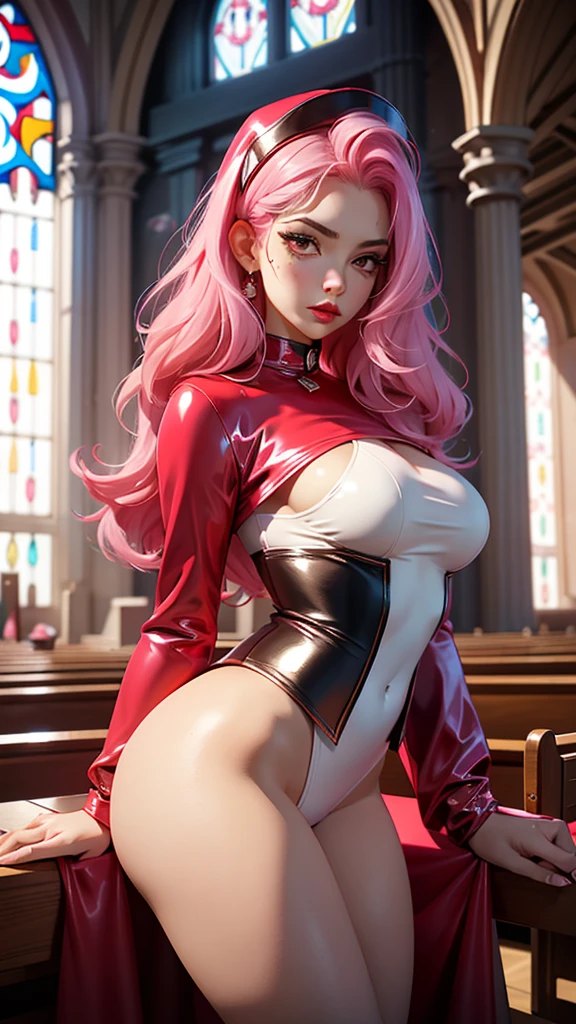 Best quality, Masterpiece, Portrait, Perfect anatomy, Femininity, Cool, Flawless, , Solo, Sexy, Stylish, Mature, Long light pink hair, Mole above lip, Red lipstick, big grul, nun look, latex outfit, in church, sexy breast piercing