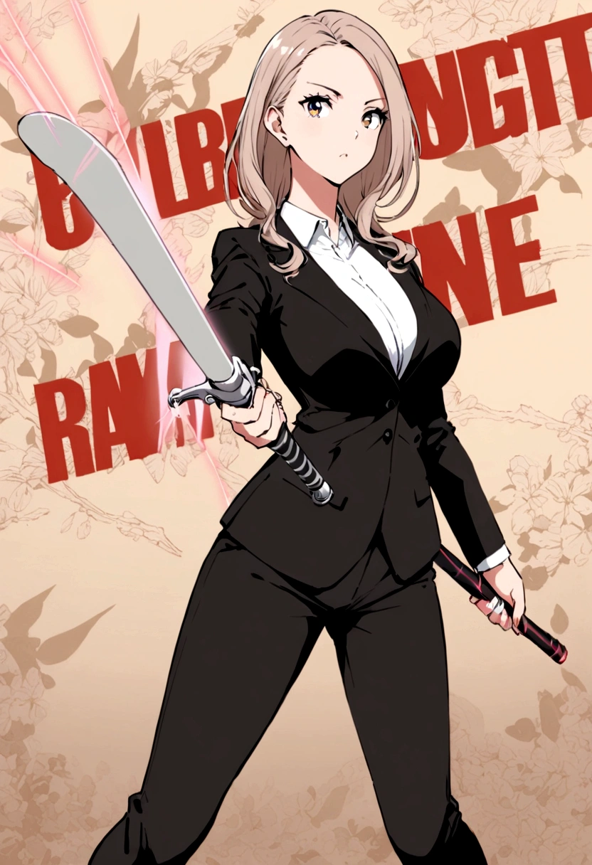 A lovely woman, business attire, confident stance, wielding a laser sword ramen advertisement 'obliterate your hunger'
