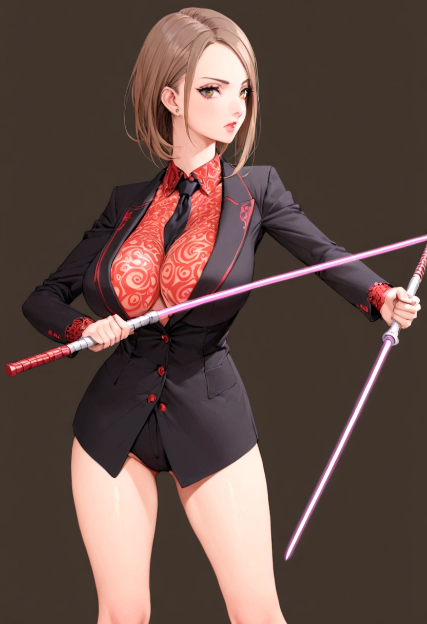 A lovely woman, business attire, confident stance, wielding a laser sword ramen advertisement 'obliterate your hunger'
