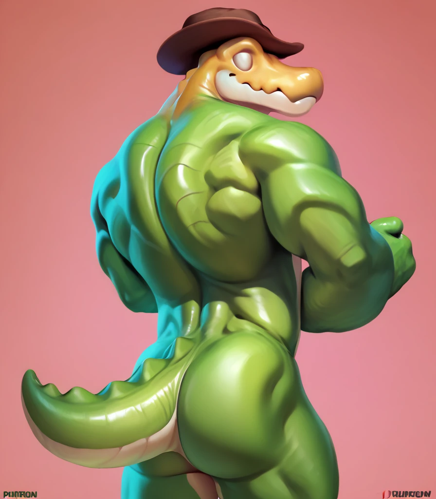 (((Detailed anatomy, detailed eyes, detailed body detailed face, best quality, detailed shading, high resolution))), solo, 1male, Gummigoo, gummy alligator, brown cowboy hat, adult body, muscle body, yellow top gummy body, green low gummy body, tail, white eyes, humping butt, butt, dessert background , by Buta99, by Zackary911, chune, muscular male.