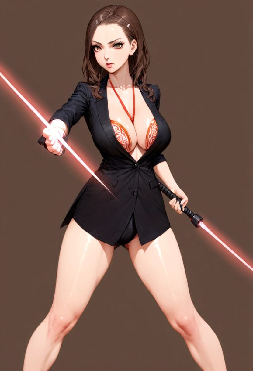 A lovely woman, business attire, confident stance, wielding a laser sword ramen advertisement 'obliterate your hunger'
