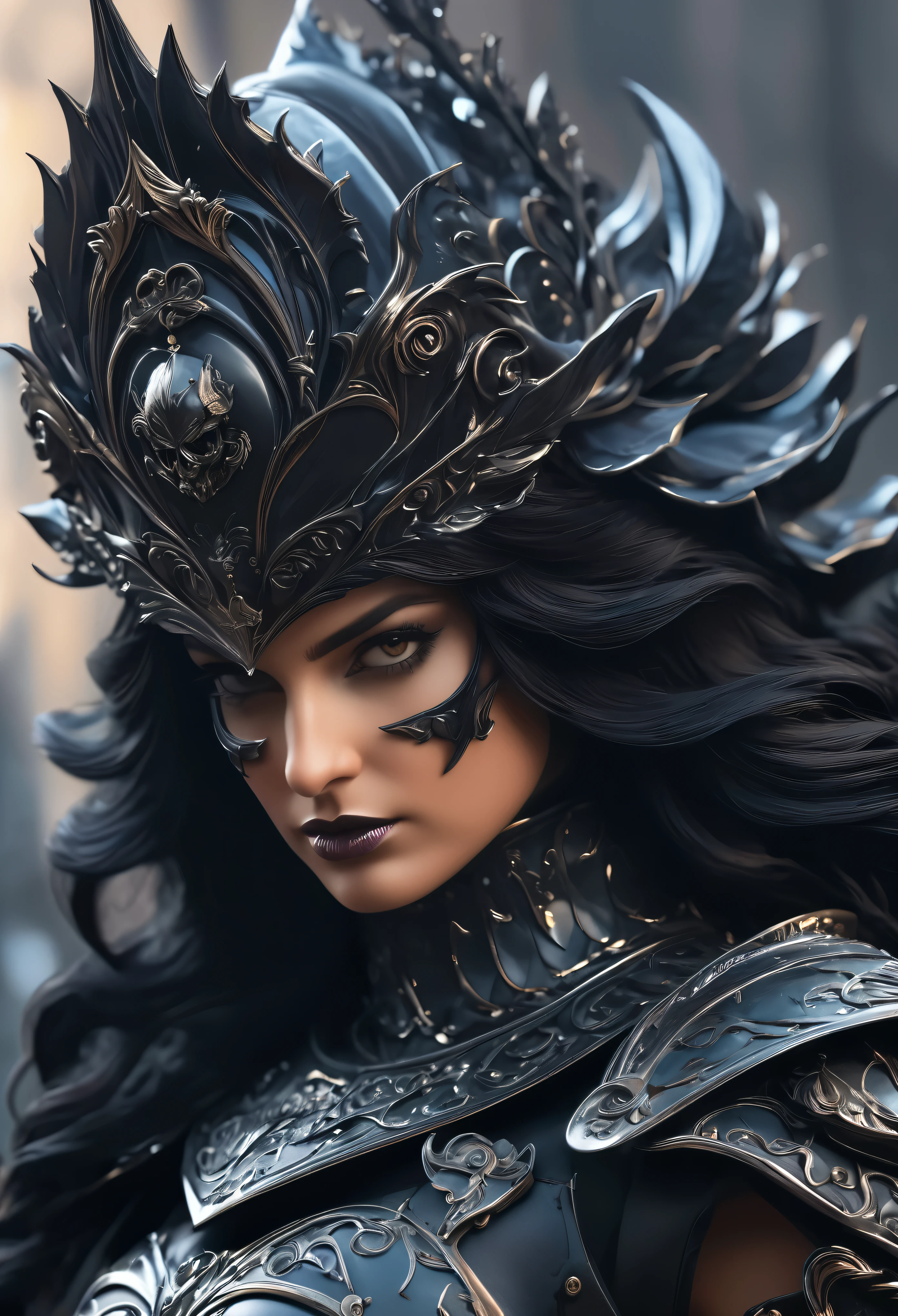 (best quality,4k,8k,highres,masterpiece:1.2), ultra-detailed, (realistic,photorealistic,photo-realistic:1.37),(Numerous award-winning masterpieces, incredibly detailed and textured, maximal resolution and clarity), (Hyper-realistic:1.4), (Realistic:1.3), Imagine a formidable female knight, her presence both terrifying and mesmerizing, inspired by the sinister beauty of a black rose. Her appearance exudes an aura of dark elegance and unyielding strength, a true embodiment of the deadly flower she represents.
Her armor is a masterpiece of gothic design, crafted from dark, obsidian-like metal that gleams with a menacing sheen. The armor is intricately detailed with swirling patterns that mimic the delicate petals of a rose, each curve and flourish adding to the aura of dark beauty. The pauldrons are adorned with sharp, thorn-like protrusions, giving her an intimidating silhouette and ensuring that her enemies are kept at bay.
Her helmet, designed to resemble a blooming black rose, features a faceplate that reveals piercing eyes the color of midnight, filled with a cold, calculating intensity. The helmet’s petals seem to unfurl around her head, creating an almost crown-like effect that signifies her regal yet fearsome nature.