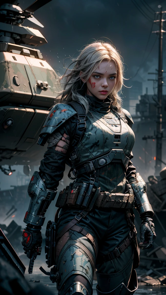 Postapocalyptic combat scene with a Beautiful hyperrealistic photograph of cute Young Swedish woman with Runic tattoos, ((dirty face Blood splattered)), (((wearing full heavy mecha armor, combat harness, Neon highlights))) Short Red Dreadlocks, combat pose, (((Holding on to the side of a combat Sci-Fi Combat helicopter))), exterior of Destroyed building, Fires, Smoke, debris, Camo netting, Ammo Boxes, Rain, Stormy, Wet, abstract beauty, near perfection, pure form, intricate detail, 8k post-production, High resolution, super Detail, trending on ArtStation, sharp focus, studio photos, intricate detail, Very detailed, By Greg Rutkowski