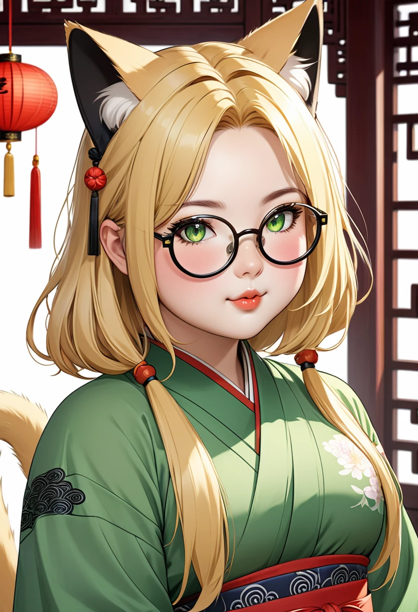 chubby girl, Blonde with green eyes, medium length hair, open forehead, round facial features, glasses with black square frames 
Китайский стиль одежды, ancient china cat ears, cat tail 