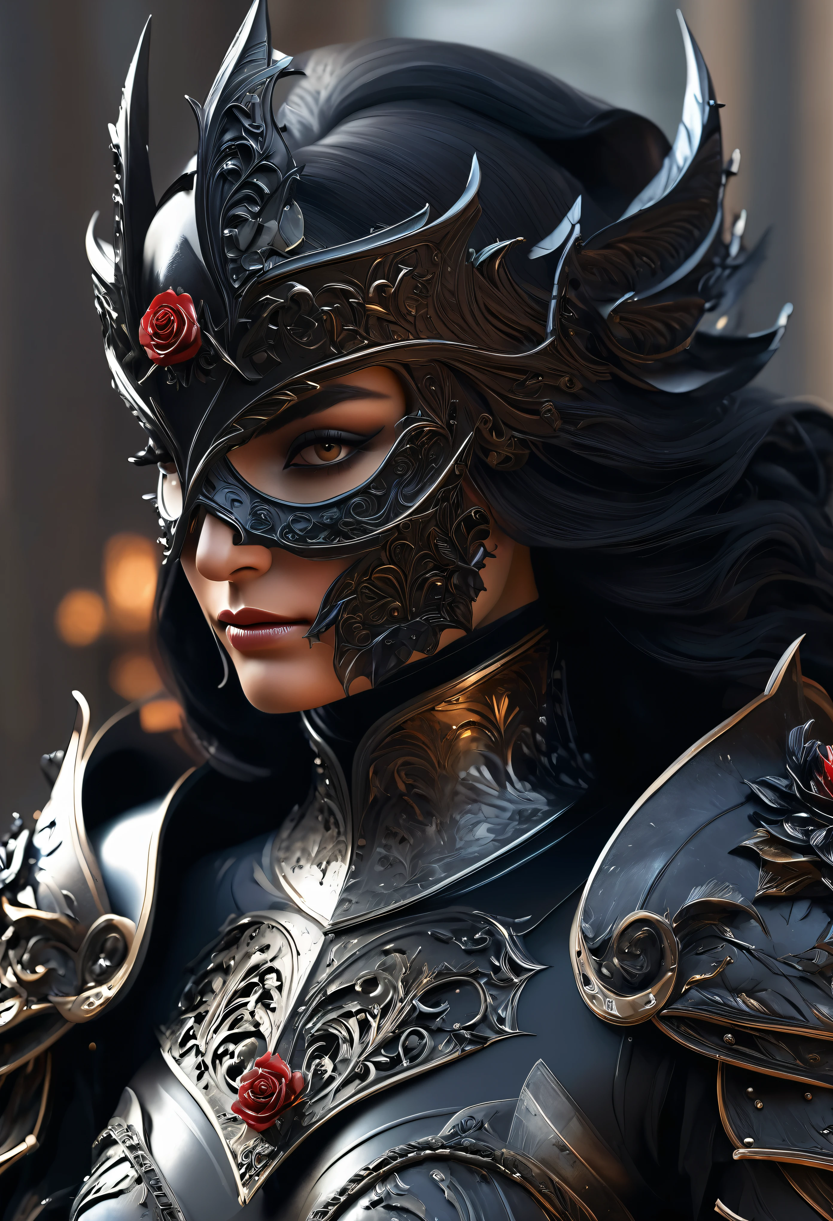 (best quality,4k,8k,highres,masterpiece:1.2), ultra-detailed, (realistic,photorealistic,photo-realistic:1.37),(Numerous award-winning masterpieces, incredibly detailed and textured, maximal resolution and clarity), (Hyper-realistic:1.4), (Realistic:1.3), Imagine a formidable female knight, her presence both terrifying and mesmerizing, inspired by the sinister beauty of a black rose. Her appearance exudes an aura of dark elegance and unyielding strength, a true embodiment of the deadly flower she represents.
Her armor is a masterpiece of gothic design, crafted from dark, obsidian-like metal that gleams with a menacing sheen. The armor is intricately detailed with swirling patterns that mimic the delicate petals of a rose, each curve and flourish adding to the aura of dark beauty. The pauldrons are adorned with sharp, thorn-like protrusions, giving her an intimidating silhouette and ensuring that her enemies are kept at bay.
Her helmet, designed to resemble a blooming black rose, features a faceplate that reveals piercing eyes the color of midnight, filled with a cold, calculating intensity. The helmet’s petals seem to unfurl around her head, creating an almost crown-like effect that signifies her regal yet fearsome nature.