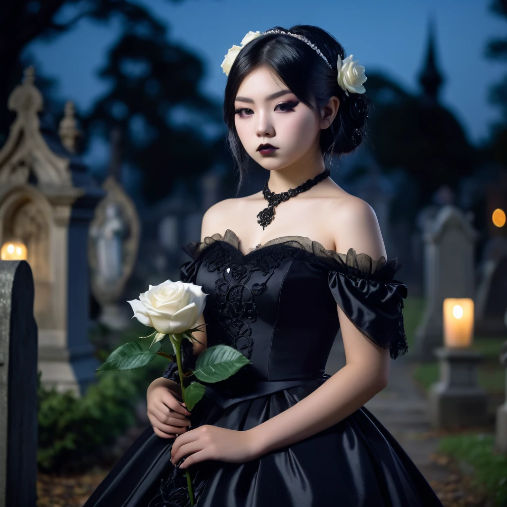 (masterpiece), (extremely intricate:1.3), (realistic), photo of a a bit chubby charming pale Japanese teen girl wearing a short black shoulderless gothic dress holding a white rose, (baroque hairstyle), plan american, spooky graveyard at night, professional photograph of a stunning teen girl detailed, sharp focus, dramatic, award winning, cinematic lighting, volumetrics dtx, (film grain, blurry background, blurry foreground, bokeh, depth of field, night, motion blur:1.3), 4k, 8k, hd, hdr