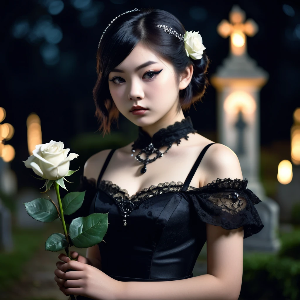 (masterpiece), (extremely intricate:1.3), (realistic), photo of a a bit chubby charming pale Japanese girl wearing a short black shoulderless gothic dress holding a white rose, (baroque hairstyle), plan american, spooky graveyard at night, professional photograph of a stunning teenl detailed, sharp focus, dramatic, award winning, cinematic lighting, volumetrics dtx, (film grain, blurry background, blurry foreground, bokeh, depth of field, night, motion blur:1.3), 4k, 8k, hd, hdr