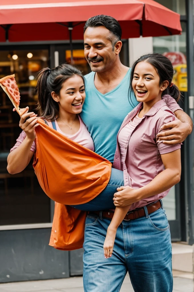 A 45-year-old dad carrying his 25-year-old daughter, dressed in the style of dragon ball z eating a pepperoni pizza very happy 