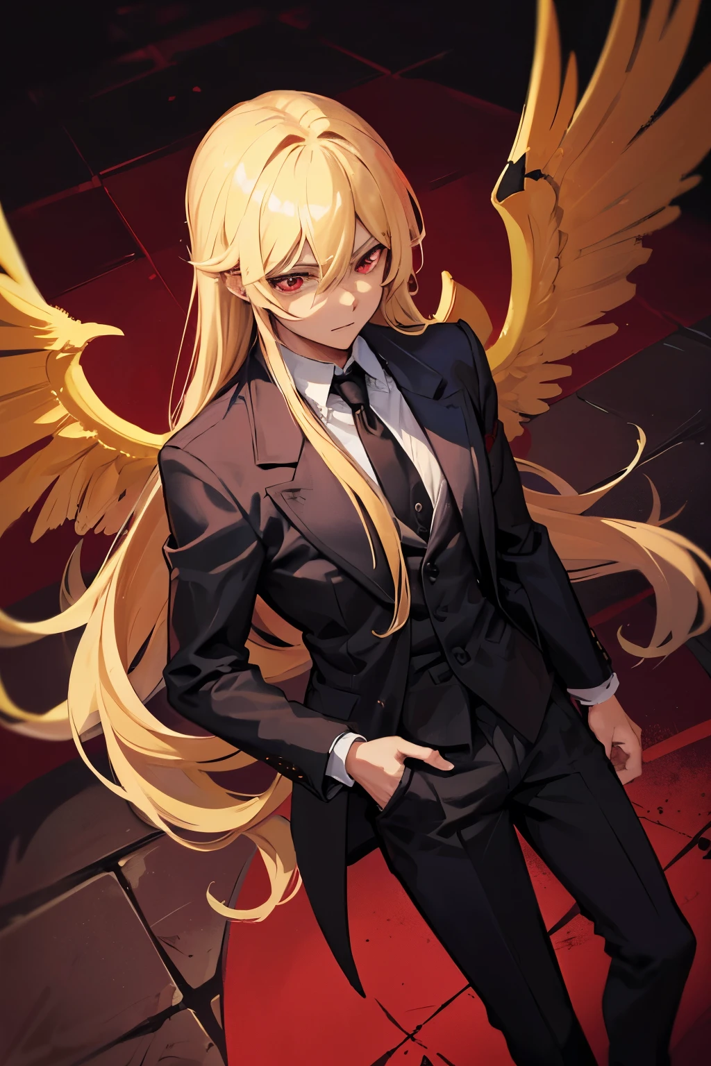Only one man, Very handsome men, Blonde Long Hairstyles, Red eyes, Wearing a black suit and black wings, Vampire atmosphere
