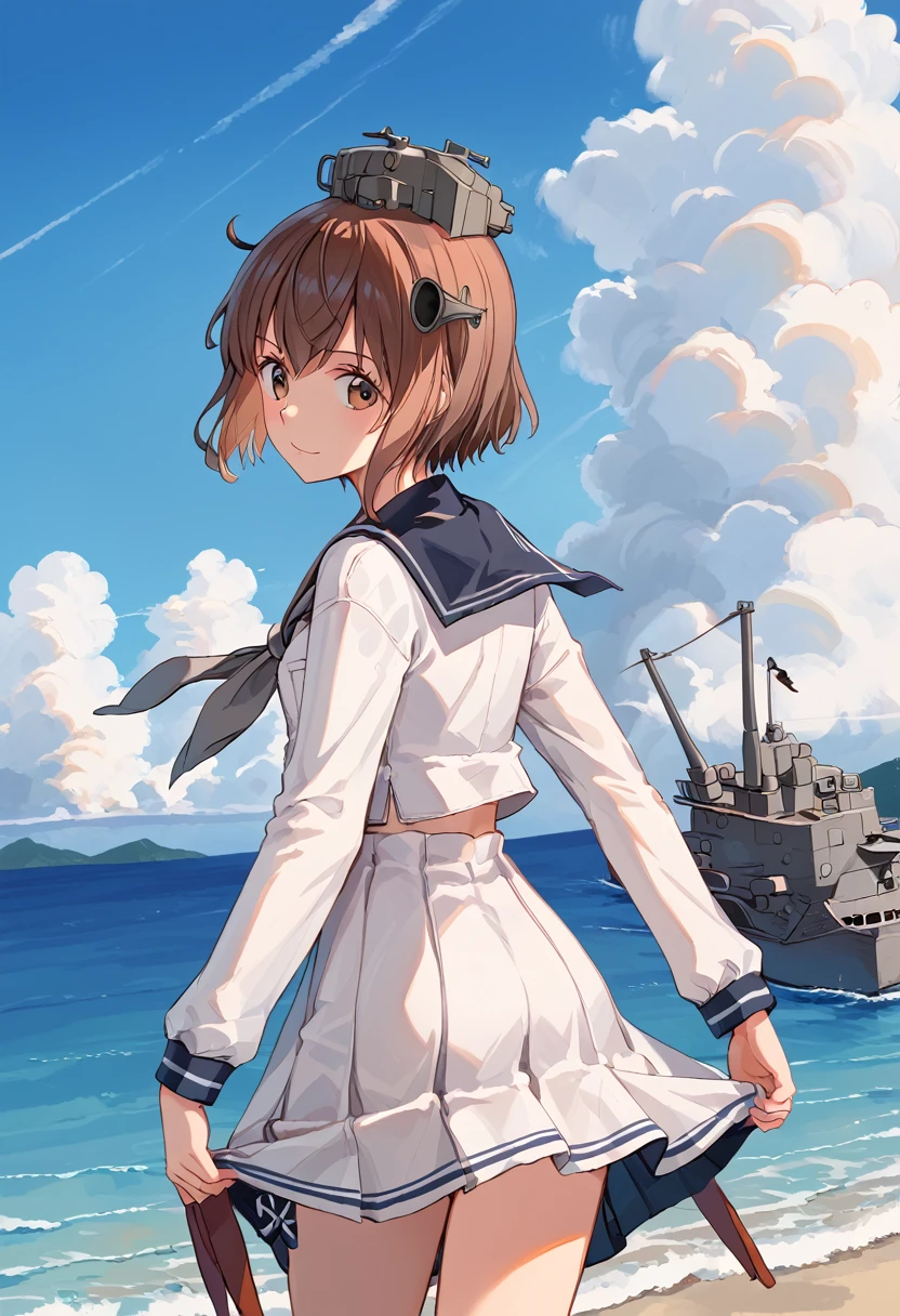 score_9,score_8_up,score_7_up,source_anime,cowboy shot,masterpiece,best quality,details background,extremely detailed,1girl,1girl,yukikaze (kancolle), brown hair, brown eyes,small breasts,short hair, sailor dress,dress,sailor collar,long sleeves,neckerchief,grey neckerchief,white dress,black sailor collar,day break,look back,sea,one piece