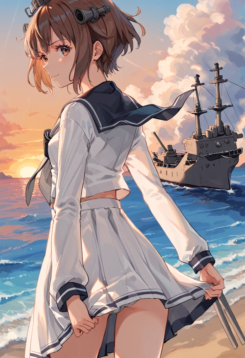score_9,score_8_up,score_7_up,source_anime,cowboy shot,masterpiece,best quality,details background,extremely detailed,1girl,1girl,yukikaze (kancolle), brown hair, brown eyes,small breasts,short hair, sailor dress,dress,sailor collar,long sleeves,neckerchief,grey neckerchief,white dress,black sailor collar,day break,look back,sea,one piece