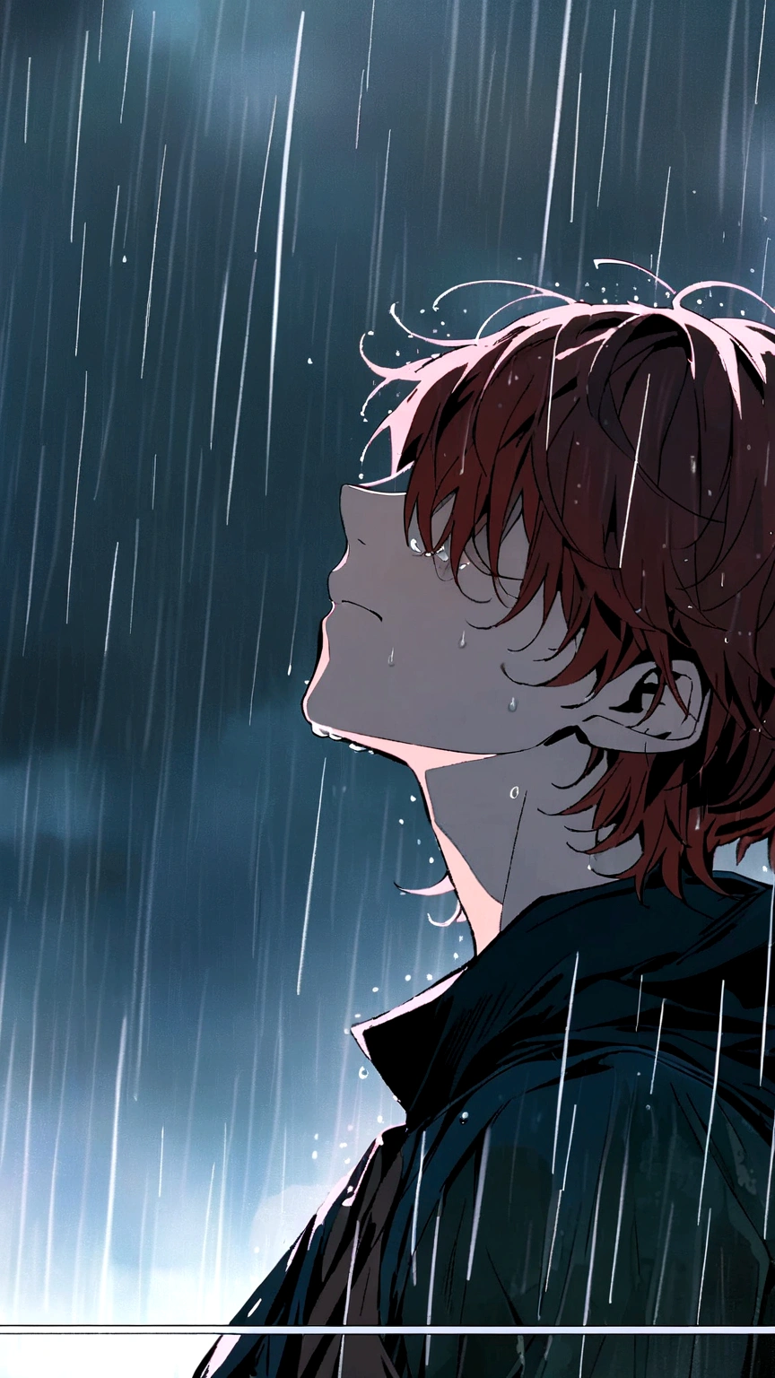 anime image of a man standing in the rain with a red hair, tears in the rain, rain, like tears in rain time to die, 4 k manga wallpaper, after rain and no girls, it's raining, under rain, in the rain, orange - haired anime boy, raining, rain. hyper detailed, raining!, rainy mood