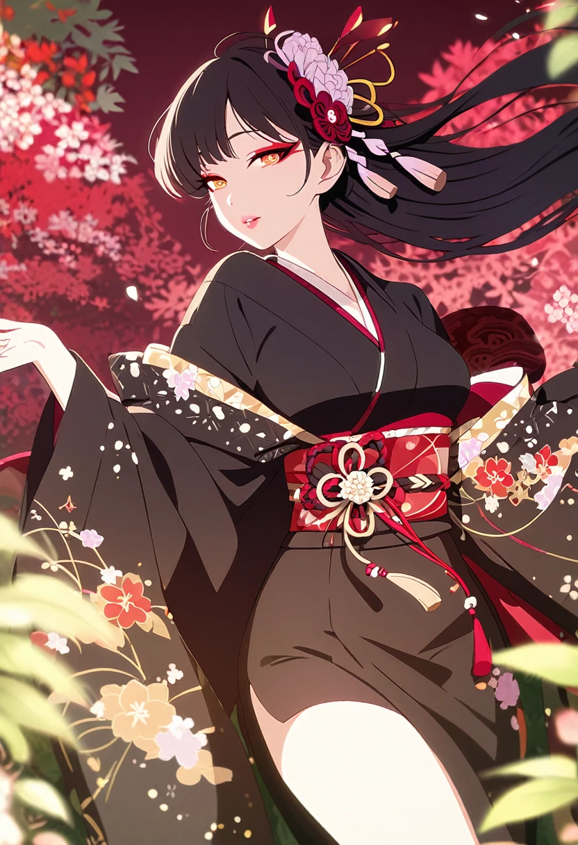 A stunningly beautiful Japanese girl standing in the middle of a lush, green garden. Her long, silky black hair flows gently down her back, adorned with a colorful floral kanzashi. She wears a traditional Japanese kimono, its deep red and gold hues accentuating her flawless complexion. The kimono is adorned with intricate patterns and embroidery, highlighting her delicate curves. Her almond-shaped eyes are painted with delicate makeup, and her lips are painted a deep shade of red.