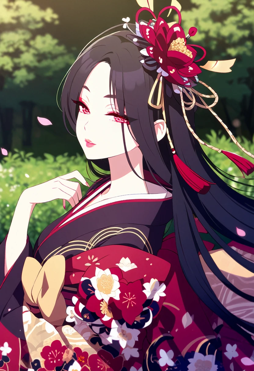 A stunningly beautiful Japanese girl standing in the middle of a lush, green garden. Her long, silky black hair flows gently down her back, adorned with a colorful floral kanzashi. She wears a traditional Japanese kimono, its deep red and gold hues accentuating her flawless complexion. The kimono is adorned with intricate patterns and embroidery, highlighting her delicate curves. Her almond-shaped eyes are painted with delicate makeup, and her lips are painted a deep shade of red.