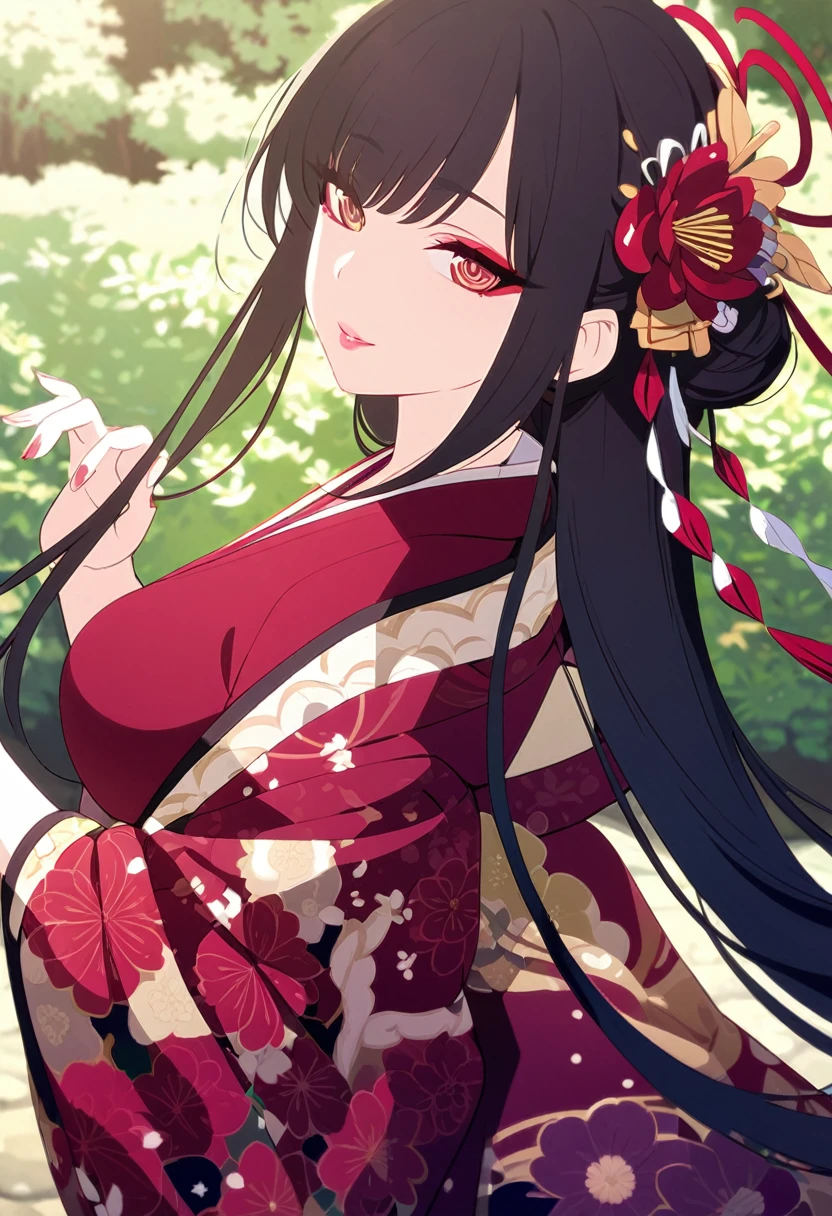 A stunningly beautiful Japanese girl standing in the middle of a lush, green garden. Her long, silky black hair flows gently down her back, adorned with a colorful floral kanzashi. She wears a traditional Japanese kimono, its deep red and gold hues accentuating her flawless complexion. The kimono is adorned with intricate patterns and embroidery, highlighting her delicate curves. Her almond-shaped eyes are painted with delicate makeup, and her lips are painted a deep shade of red.