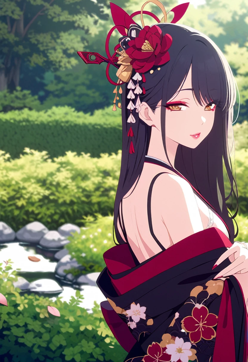A stunningly beautiful Japanese girl standing in the middle of a lush, green garden. Her long, silky black hair flows gently down her back, adorned with a colorful floral kanzashi. She wears a traditional Japanese kimono, its deep red and gold hues accentuating her flawless complexion. The kimono is adorned with intricate patterns and embroidery, highlighting her delicate curves. Her almond-shaped eyes are painted with delicate makeup, and her lips are painted a deep shade of red.